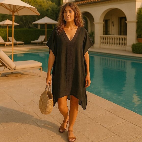 Sorbetto Boho Black Cotton Caftan Swim Cover-Up OS - Picture 1 of 12